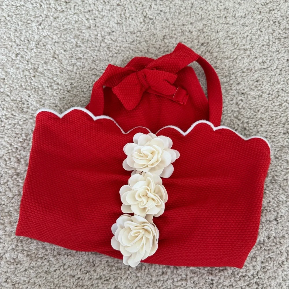 ❤️🤍 Janie and Jack Red and White Scalloped Rosette Halter Swimsuit, size 6, EUC - Picture 9 of 10